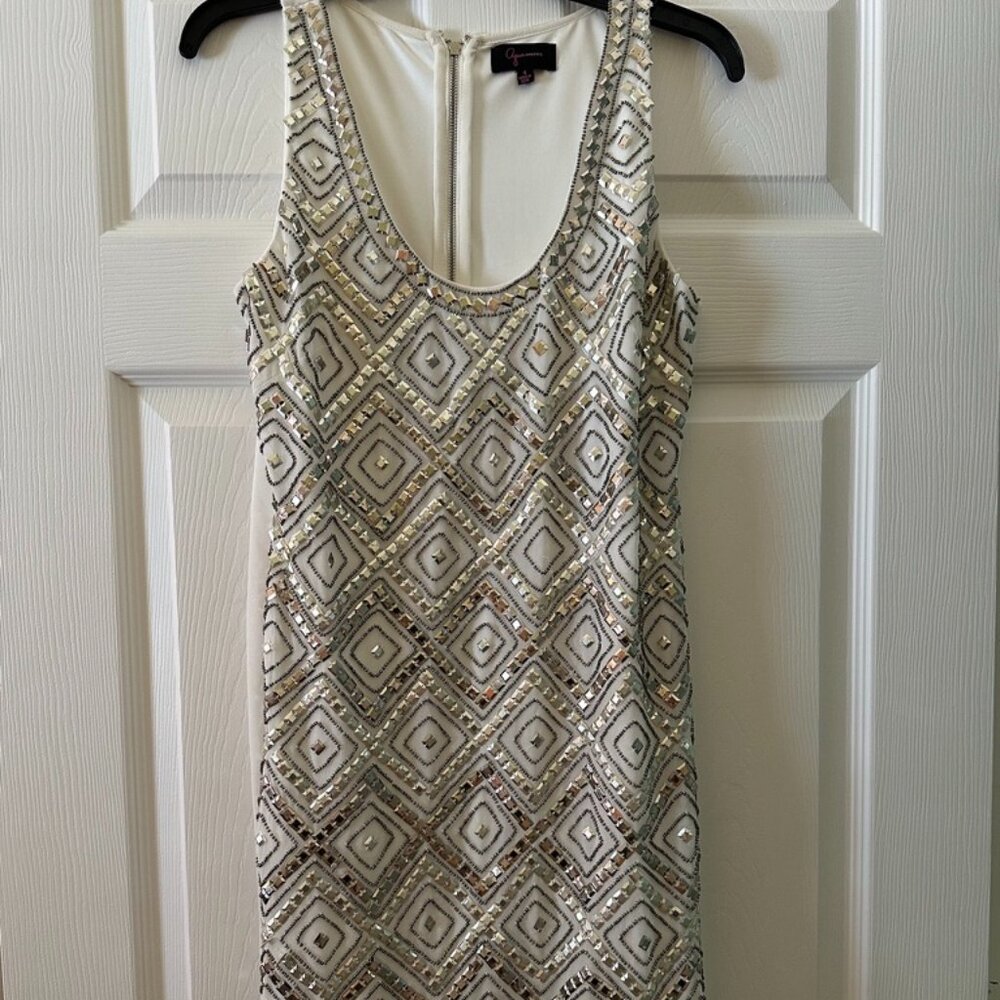 NWT Aqua Beaded Front Panel Tank Dress Ivory Mirror Sequin Geometric Size 4 Styl